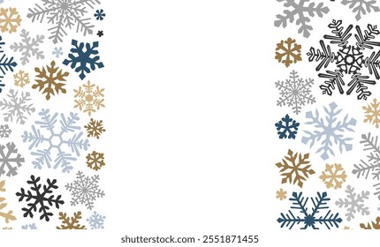 A decorative snowflake frame featuring gold, blue, and silver hues on a clean white background. Perfect for winter-themed designs, invitations, and holiday projects.