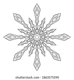 Decorative snowflake mandala with simple patterns on white isolated background. Suitable for coloring book, postcard, banner.