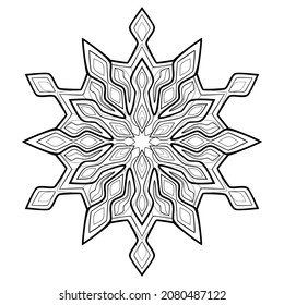 Decorative snowflake mandala with simple patterns on a white isolated background. For coloring book.