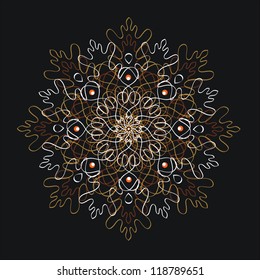 Decorative snowflake (ornament) on a black background. Vector.