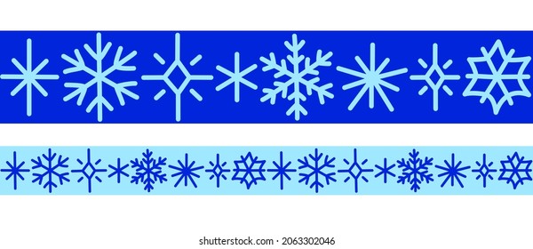Cintas decorativas de copos de nieve. Hermosas fronteras azules sin costura para Año Nuevo, Navidad. Aislado sobre un fondo blanco. Cinta washi de invierno o tiras adhesivas para marcos, bordes, pegatinas. Vector.