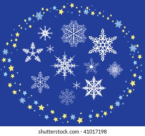 Decorative snowflakes on blue