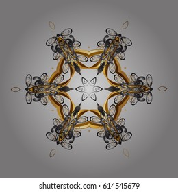 Decorative snowflakes pattern. Golden design with doodles and golden elements. Vector on gray background for Christmas.