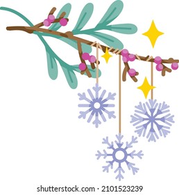 Decorative snowflakes and pine branches in winter