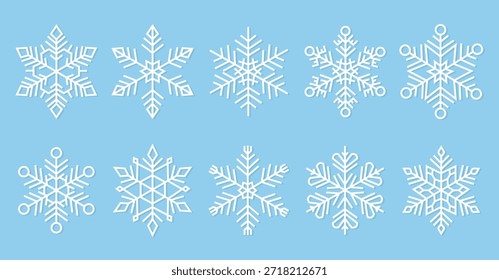 Dekorative Schneeflocken, Vektorgrafik-Set mit eleganten geometrischen Formen. Ideal für Wintermuster, Weihnachtskarten, Geschenkverpackungen, saisonale Hintergründe, festliches Branding, Poster und Weihnachtsdesignprojekte
