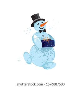 Decorative snowman with gift box with the hat is hand drawn in a flat style on a white background. Elements for new year poster, cards, invitations. Christmas banner. Cute cartoon vector illustration.