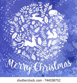 Decorative Snowy Christmas Card. Watercolor background. Illustration for greeting cards, invitations, and other printing projects.