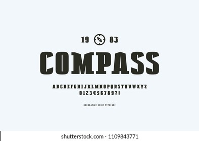 Decorative solid serif font. Extra bold face. Letters and numbers for logo and emblem design. Black print on white background