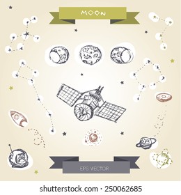 Decorative space collection. Hand drawn galaxy symbols set, vector