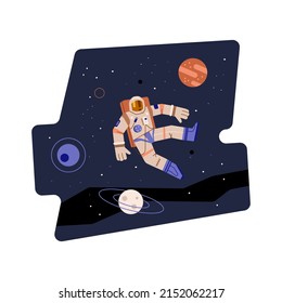 Decorative Space Exploration Thematic Banner Or Badge Layout With Astronaut In Outer Space, Flat Cartoon Vector Illustration Isolated On White Background.