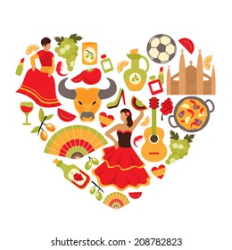 Decorative spain cultural traditions flamenco dance food grape vine emblems heart shape print poster abstract vector illustration