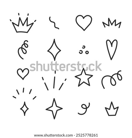 Decorative Spark Doodle Set. Cute hand drawn collection of sparkles stars confetti crowns hearts. Outline vector illustration