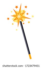 Magnífica y decorativa varita aislada de fondo blanco. Magnífico accesorio de forma estrella para mago o princesa. hechizo mago y rendimiento de trucos. Brujería, deseo y realización