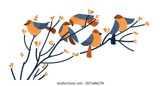 Decorative sparrow family sitting on fall or winter branch. Vector geometric autumn birds flock for postcard, invitation, header.