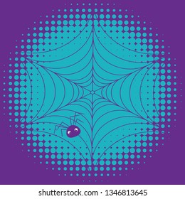 Decorative spider web with cute cartoon spider illustration.