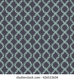 Decorative spiral rope seamless pattern. Endless illustration with green twisted cord ornament on dark backdrop, ornamental crossing ribbon. Trendy background. For fabric, wallpaper, wrapping.