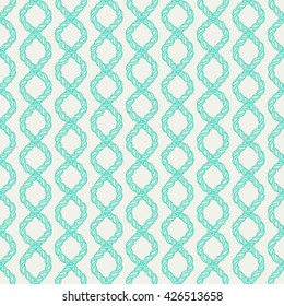 Decorative spiral rope seamless pattern. Endless illustration with green twisted cord ornament on white backdrop, ornamental crossing ribbon. Trendy background. For fabric, wallpaper, wrapping.