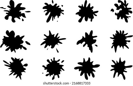 Decorative splashes and drops. A set of black ink blots. Ink stains, paint splashes. Paint splatter set. liquid decorative forms. Vector illustration.