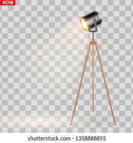 Decorative Spotlight Floor Lamp Tripod Original Sample Model with solid wood legs. Switch On. Loft, Living Room, Bedroom, Study Room and Office. Vector Illustration isolated on transparent background.