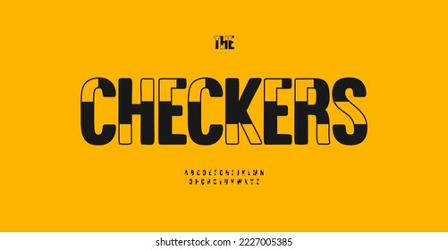 Decorative spotted font, unusual stencil letters, abstract chess checkers style, black white color alphabet for attention logo, headline of gambling, and architecture. Vector typographic design