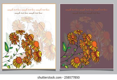 decorative spring background with two greeting cards with orange daisies and text 