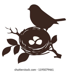 Decorative spring bird on the nest. Vector silhouette