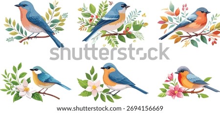 Decorative Spring Birds Collection on Branches with Flowers and Berries