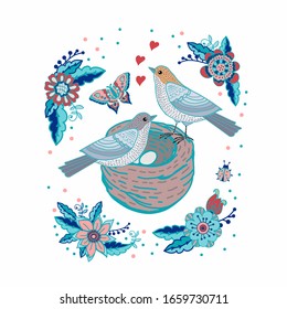 Decorative spring card with doodle birds and flowers. Birds make a nest. Doodle flowers and birds.Vector illustration. Manual graphics. 
