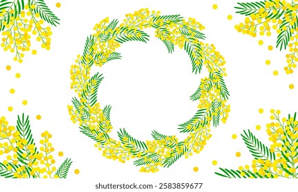 Decorative spring festive frame with blooming mimosa. Floral design with space for text for International Women's Day, Mother's Day. Vector illustration