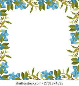Moldura floral de primavera decorativa com flores azuis e folhas verdes, dispostas como uma borda com espaço vazio no centro. Estilo de vetor plano limpo, ideal para convites, cartões, cartazes, marca e design sazonal