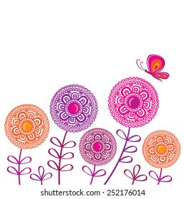 Decorative spring flowers with butterfly. Greeting card. Congratulation. Elements for mother's day, birthday, wedding. Vector illustration.