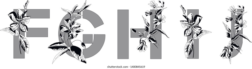 Decorative spring font with bouquets of primroses. Vintage letters F, G, H, I, J. Flower font. Font art nouveau, modern, vintage.