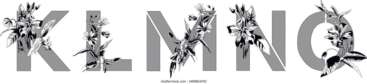 Decorative spring font with bouquets of primroses. Vintage letters K, L, M, N, O. Flower font. Font art nouveau, modern, vintage.
