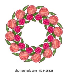 Decorative spring frame with wreath of tulips. Border of flowers