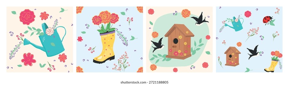 Patrones decorativos de jardín de primavera sin fisuras con flores, hojas, pájaros, pajarera, regadera y botas de goma. Fondos de Vector florales lindos en estilo dibujado a mano para el diseño estacional, textil, envoltura y decoración