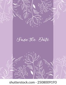 Decorative spring purple background with hand drawn flowers, branches with leaves for card invitation and wedding