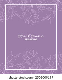 Fondo púrpura de primavera decorativo con flores dibujadas a mano, ramas con hojas para invitación de tarjeta y boda