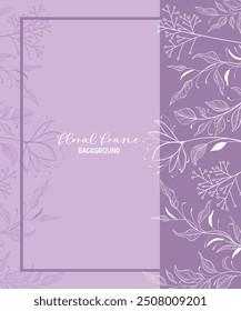Decorative spring purple background with hand drawn flowers, branches with leaves for card invitation and wedding