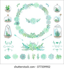 decorative spring set with succulents: wreath, borders, dividers, compositions and separate flowers; vector romantic floral decorations, vector decorative elements for weddings in boho style