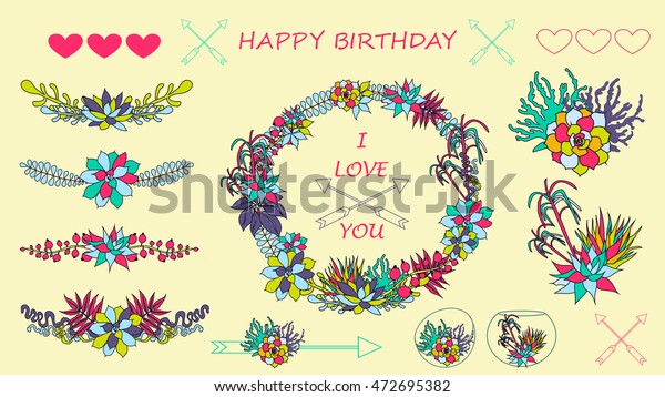 decorative spring set with
succulents: wreath, borders, dividers, compositions and separate
flowers; 