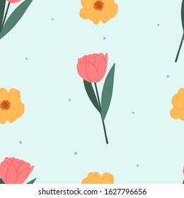 Decorative spring summer floral seamless pattern for print, textile, wallpaper. Hand drawn tulips flowers background.