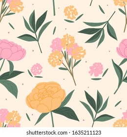 Decorative spring summer floral seamless pattern for print, textile, wallpaper. Hand drawn peonies background.