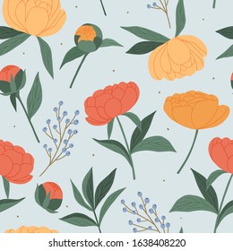 Decorative spring summer floral seamless pattern for print, textile, wallpaper. Hand drawn peonies background.