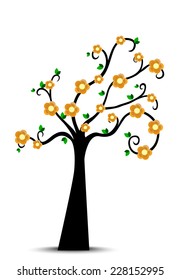 Decorative Spring Tree Silhouette With Green Leaves and yellow flower