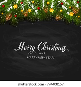 Decorative spruce branches with snow, pine cones, golden Christmas stars and colorful beads. Text Merry Christmas and Happy New Year. Holiday decorations on black chalkboard background, illustration.