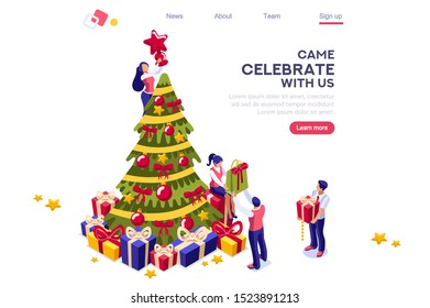 Decorative spruce fir with balls. Female holding traditional decoration with men for celebration. Website seasonal landing page to celebrate december winter season. Web preparation to prepare new year