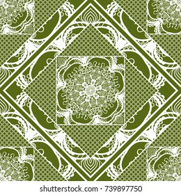 Decorative Square Background, Geometric Floral Seamless Pattern with Lace frame. For Fashion Fabric Print, Bandanna Shawl, Tablecloth, Home DÃ©cor. Vector Illustration