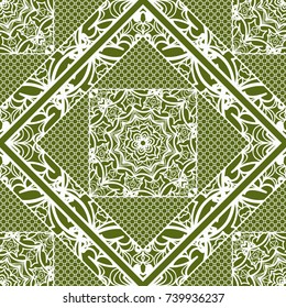 Decorative Square Background, Geometric Floral Seamless Pattern with Lace frame. For Fashion Fabric Print, Bandanna Shawl, Tablecloth, Home DÃ©cor. Vector Illustration