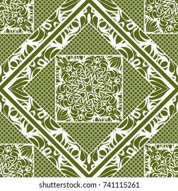 Decorative Square Background, Geometric Floral Seamless Pattern with Lace frame. For Fashion Fabric Print, Bandanna Shawl, Tablecloth, Home DÃ©cor. Vector Illustration