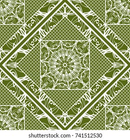 Decorative Square Background, Geometric Floral Seamless Pattern with Lace frame. For Fashion Fabric Print, Bandanna Shawl, Tablecloth, Home DÃ©cor. Vector Illustration